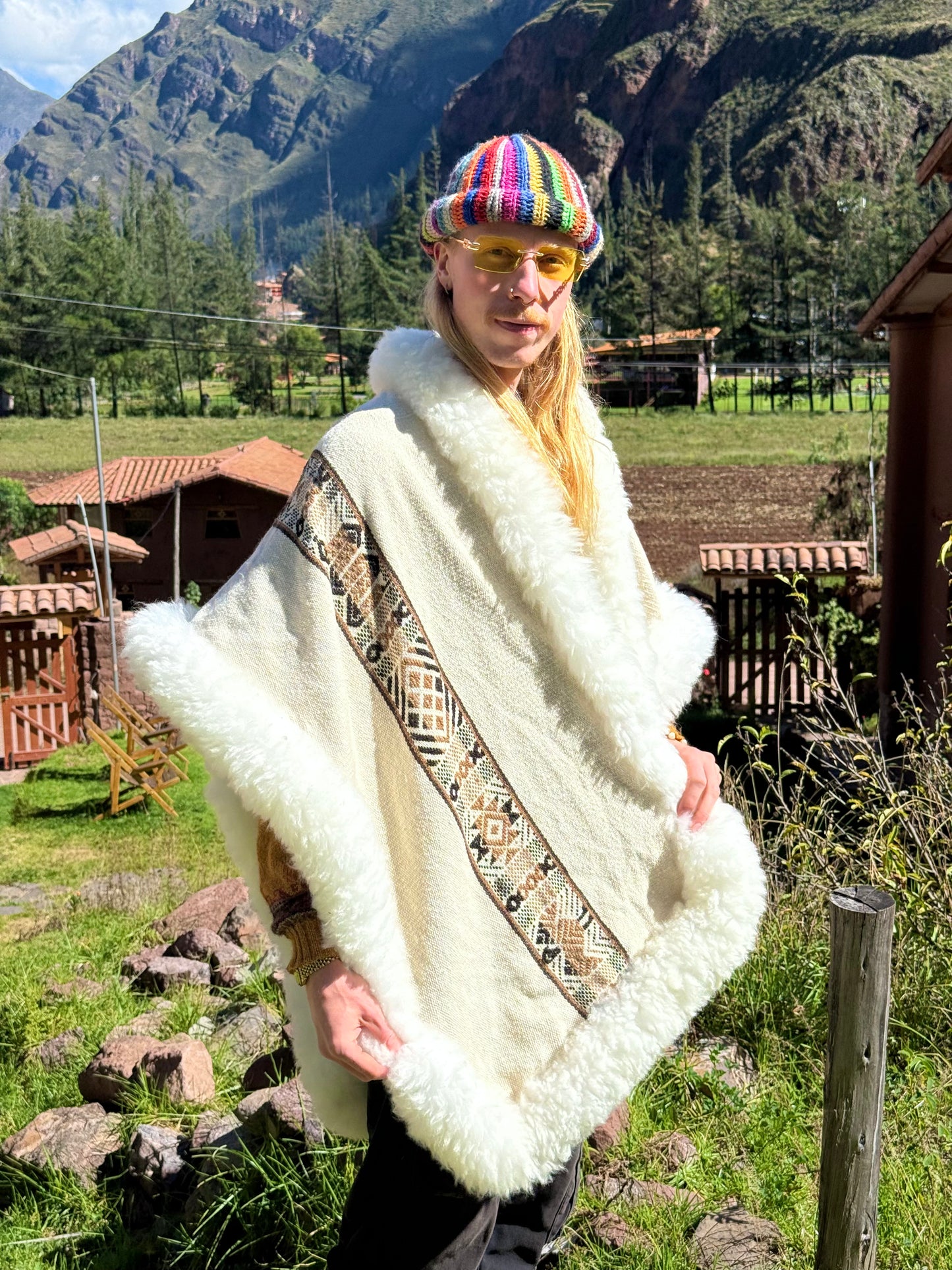 White with Brown & Black Stripe Handwoven Alpaca Cape