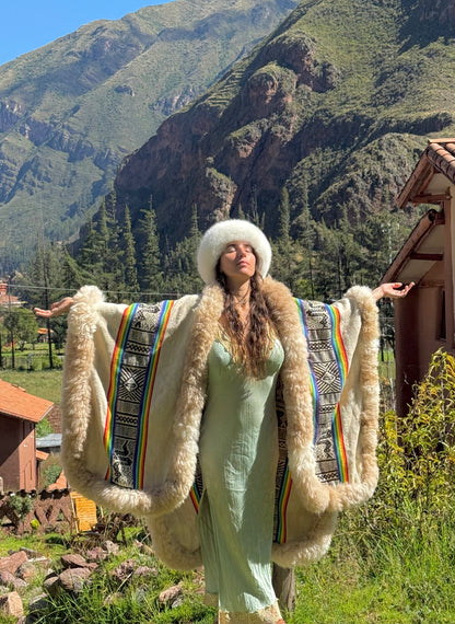 Cream & Rainbow Handwoven Alpaca Cape